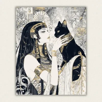 Art Nouveau portrait of an Egyptian woman in gold headdress stroking a black cat paint by numbers finished canvas