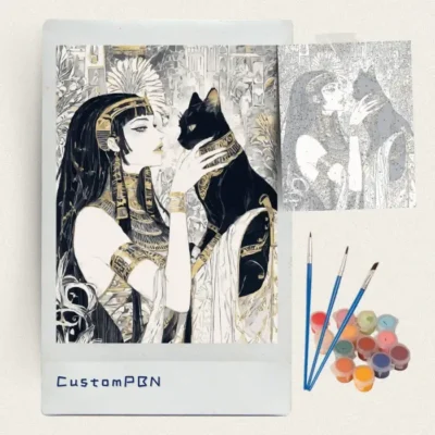 Art Nouveau Egyptian woman paint by numbers kit with canvas, three brushes, paints and reference sheet