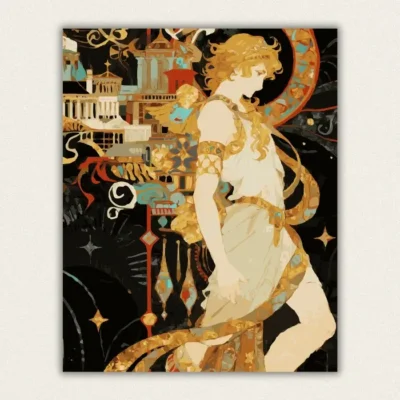 Art Nouveau golden haired goddess in a white robe before a golden classical city paint by numbers finished canvas