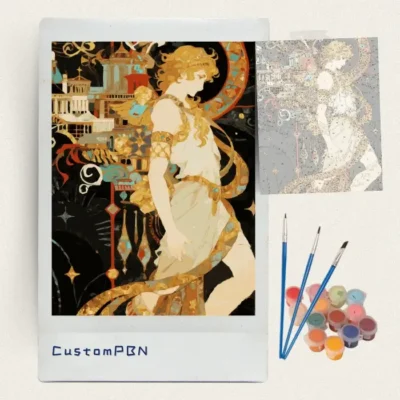 Art Nouveau goddess paint by numbers kit with canvas, three brushes, paints and reference sheet