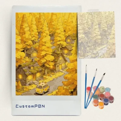 Autumn larch forest village paint by numbers kit with canvas, three brushes, paints and reference sheet