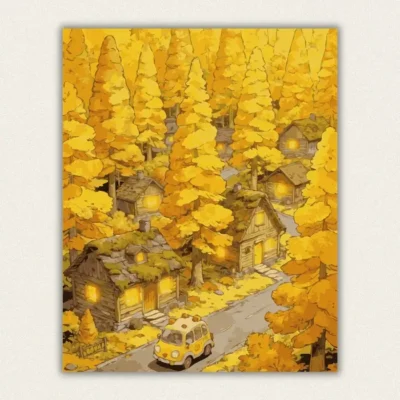 Golden larch forest village with wooden cottages and a yellow car on the road paint by numbers finished canvas