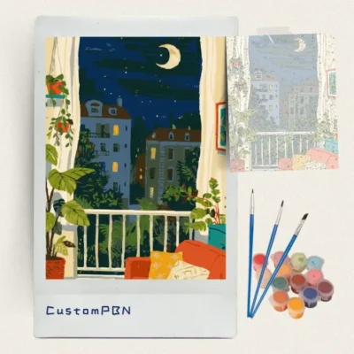 Balcony plants framing a city night paint by numbers kit with brushes and paints