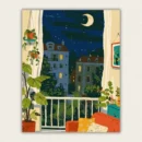 Balcony plants framing a star filled city night paint by numbers finished canvas