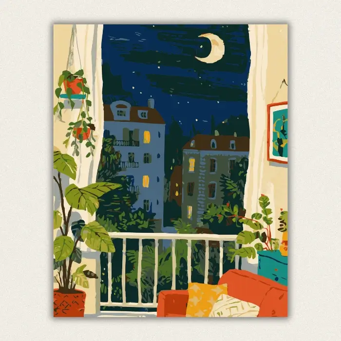 Balcony plants framing a star filled city night paint by numbers finished canvas