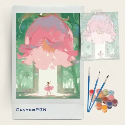 Ballerina dancing under a giant pink flower paint by numbers kit with paints