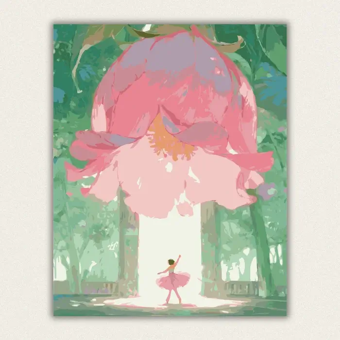 Ballerina dancing beneath a giant pink bloom paint by numbers finished canvas