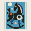 Black geometric rocking horse toy on a blue background Bauhaus style paint by numbers finished canvas