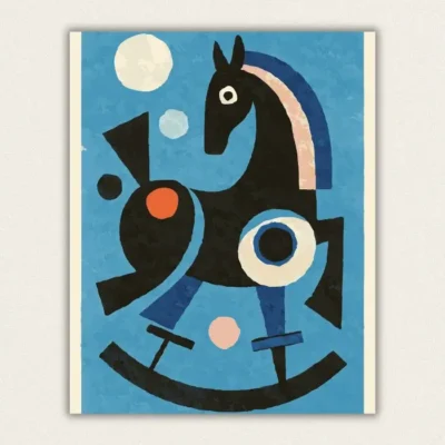 Black geometric rocking horse toy on a blue background Bauhaus style paint by numbers finished canvas