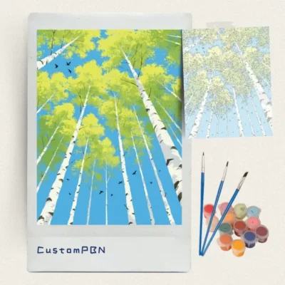 Flat illustrated birch forest paint by numbers kit with canvas, three brushes, paints and reference sheet
