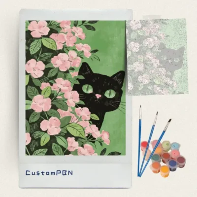 Black cat peeking through pink blossom paint by numbers kit with brushes and paints
