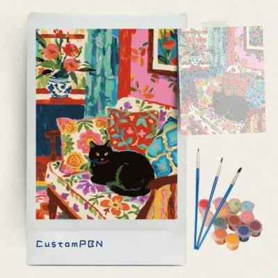 Black cat floral armchair paint by numbers kit with canvas, three brushes, paints and reference sheet