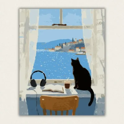 Black cat on a windowsill looking out over a blue sea and coastal town paint by numbers finished canvas