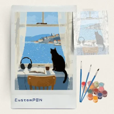 Black cat at a window with a sea view paint by numbers kit with canvas, three brushes, paints and reference sheet