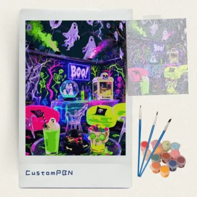 Blacklight Halloween party paint by numbers kit with canvas, three brushes, paints and reference sheet