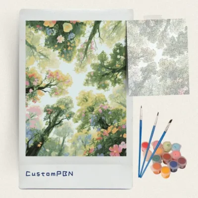 Blossoming treetops paint by numbers kit with brushes, paints and numbered canvas