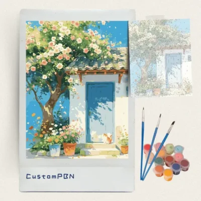 Blue door cottage with a cat paint by numbers kit with brushes and paints