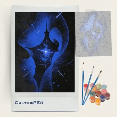 Blue stippled starry sky paint by numbers kit with canvas, three brushes, paints and reference sheet