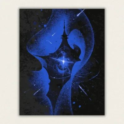 Blue stippled night sky with two profile faces a tower and a bright star paint by numbers finished canvas