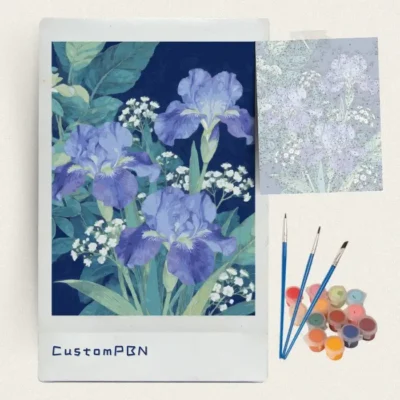 Blue and violet irises paint by numbers kit with brushes, paints and numbered canvas