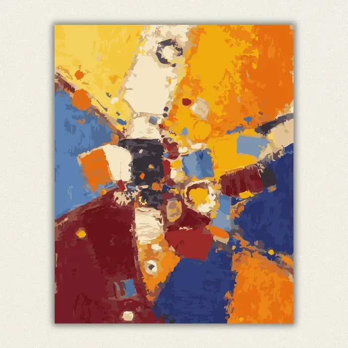 Bold abstract burst painting with radiant orange, cobalt blue, crimson, and golden yellow blocks