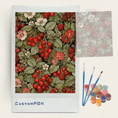 Botanical berry pattern paint by numbers kit with canvas, three brushes, paints and reference sheet