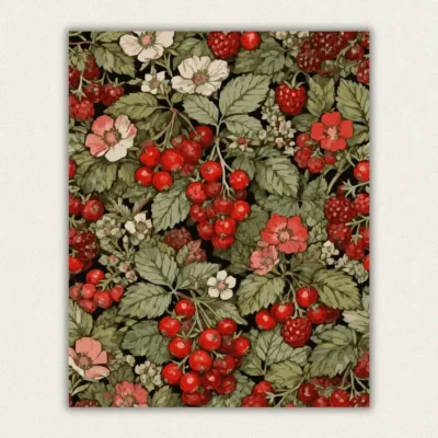 Botanical berry pattern with raspberries rosehips and wild roses in Morris style paint by numbers finished canvas