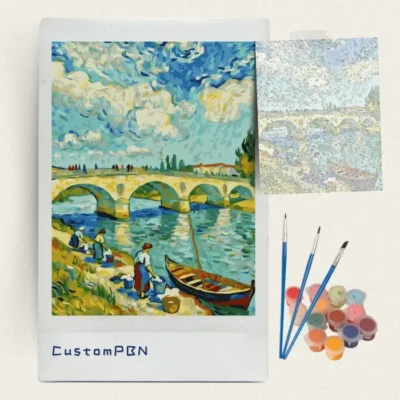 Post-impressionist bridge washerwomen paint by numbers kit with canvas, three brushes, paints and reference sheet