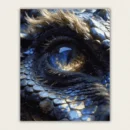 Close up of a dragon eye with a blue and gold iris and bronze scaled hide paint by numbers finished canvas