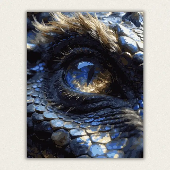 Close up of a dragon eye with a blue and gold iris and bronze scaled hide paint by numbers finished canvas