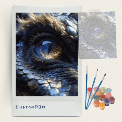 Bronze scaled dragon eye paint by numbers kit with canvas, three brushes, paints and reference sheet