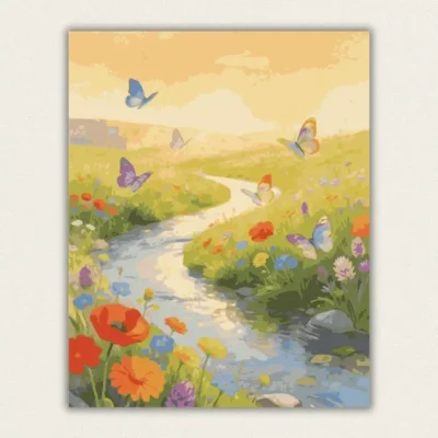 Butterflies above a winding meadow stream paint by numbers finished canvas