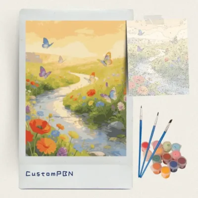Butterflies above a meadow stream paint by numbers kit with brushes, paints and canvas