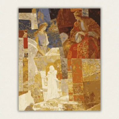 Byzantine style painting of a crowned king and queen with a white robed figure among gold mosaic panels paint by numbers finished canvas