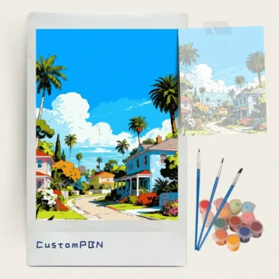 California suburb paint by numbers kit with canvas, three brushes, paints and reference sheet