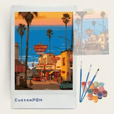 California sunset street paint by numbers kit with canvas, three brushes, paints and reference sheet
