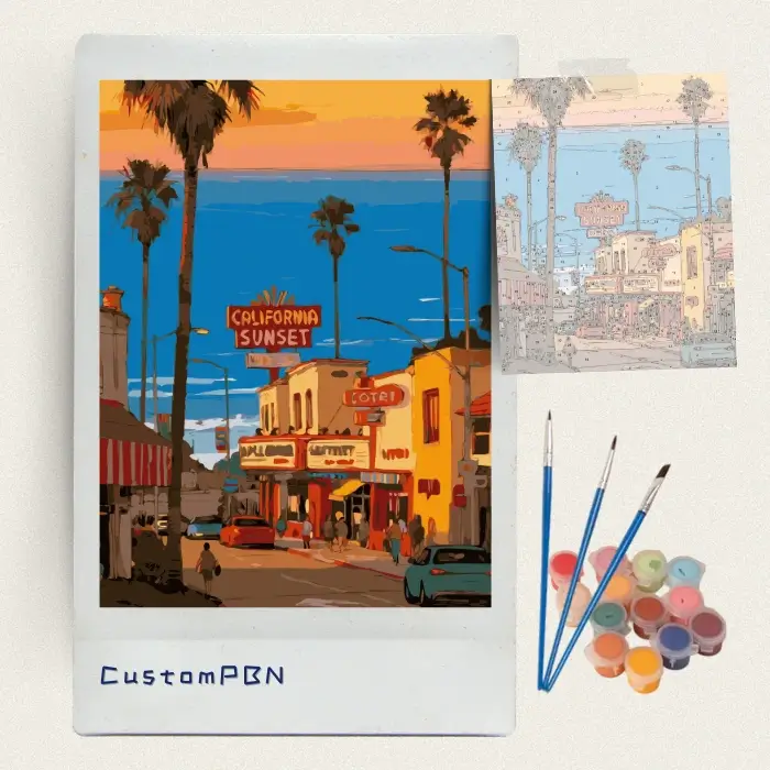 California sunset street paint by numbers kit with canvas, three brushes, paints and reference sheet