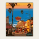 California sunset street scene with palm trees neon signs and a corner shop paint by numbers finished canvas
