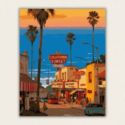 California sunset street scene with palm trees neon signs and a corner shop paint by numbers finished canvas