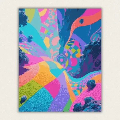 Candy striped dreamscape with melting trees paint by numbers finished canvas