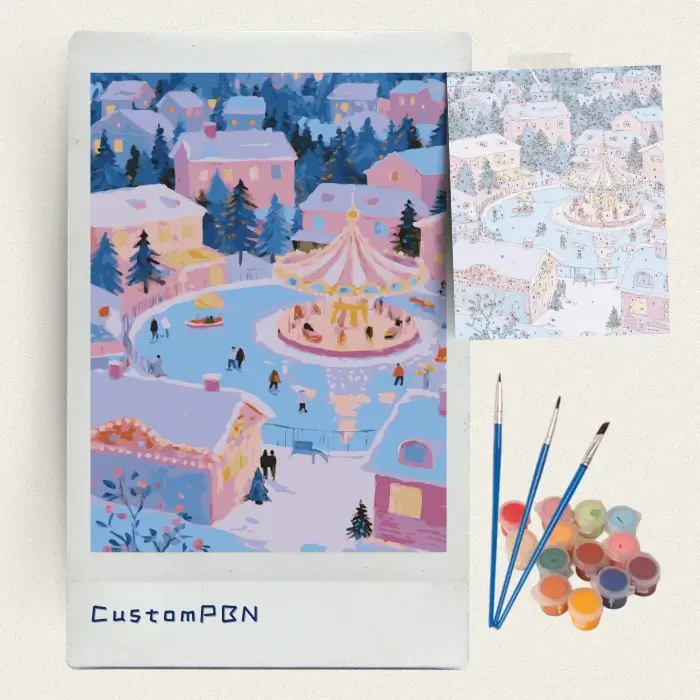 Carousel and ice rink in a snowy village paint by numbers kit with brushes and paints