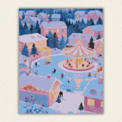 Carousel and ice rink in a snowy village square paint by numbers finished canvas