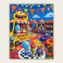 Cartoon monster carnival with a food truck and fairground booths paint by numbers finished canvas