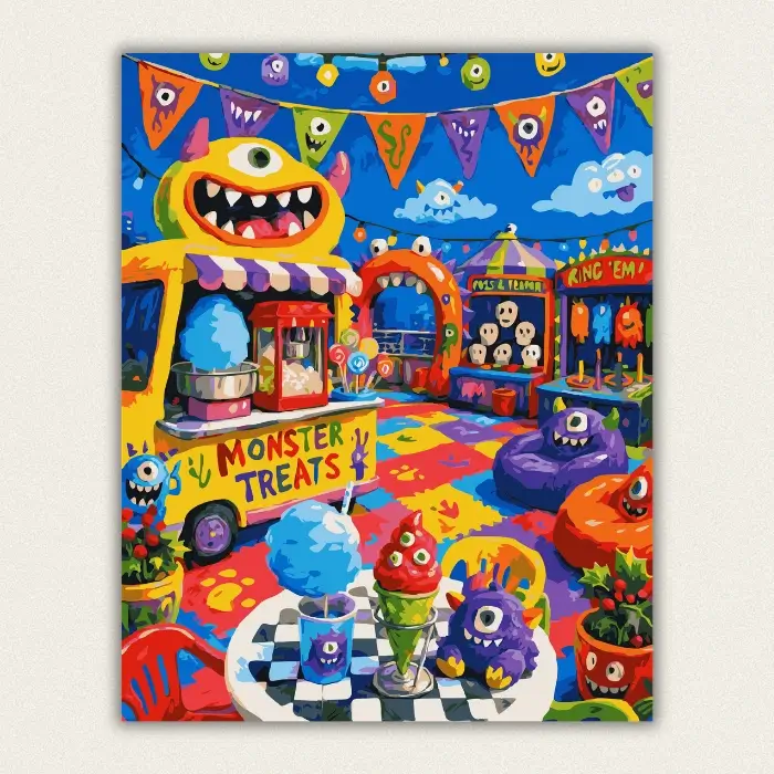 Cartoon monster carnival with a food truck and fairground booths paint by numbers finished canvas
