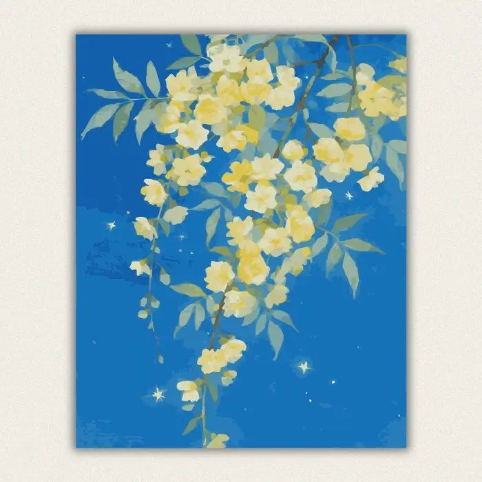 Cascading pale yellow blossom on a deep blue ground paint by numbers finished canvas