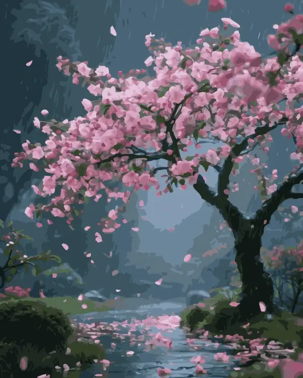 Paint by numbers canvas of a blooming pink cherry blossom tree in the rain, with petals falling onto a serene river.