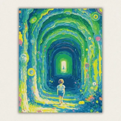 Child walking through a rainbow tunnel of light paint by numbers finished canvas