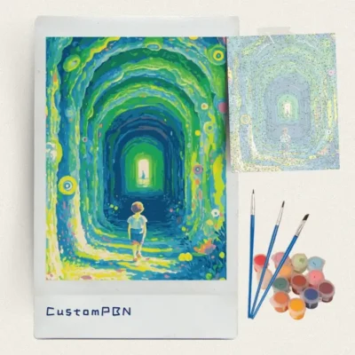 Child in a rainbow tunnel paint by numbers kit with brushes, paints and numbered canvas