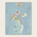 Chinese brush painting of lotus flowers in a celadon vase on a pale blue ground paint by numbers finished canvas