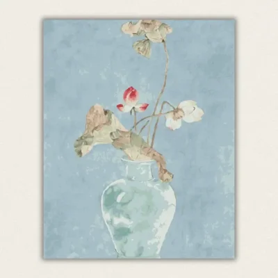 Chinese brush painting of lotus flowers in a celadon vase on a pale blue ground paint by numbers finished canvas
